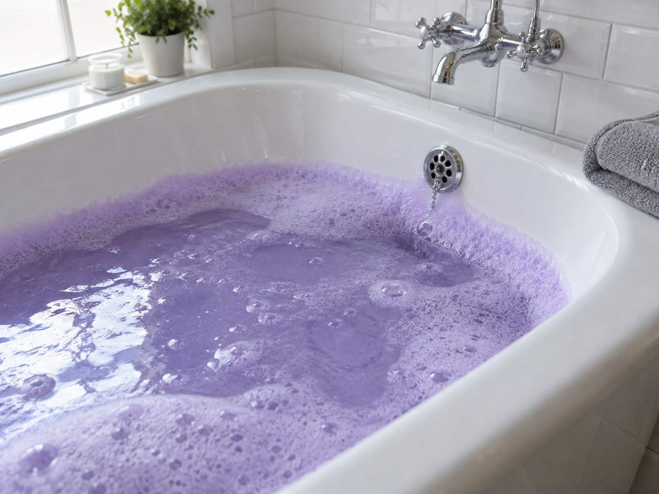 Purple foam clinging to the waterline and drain of a white bathtub