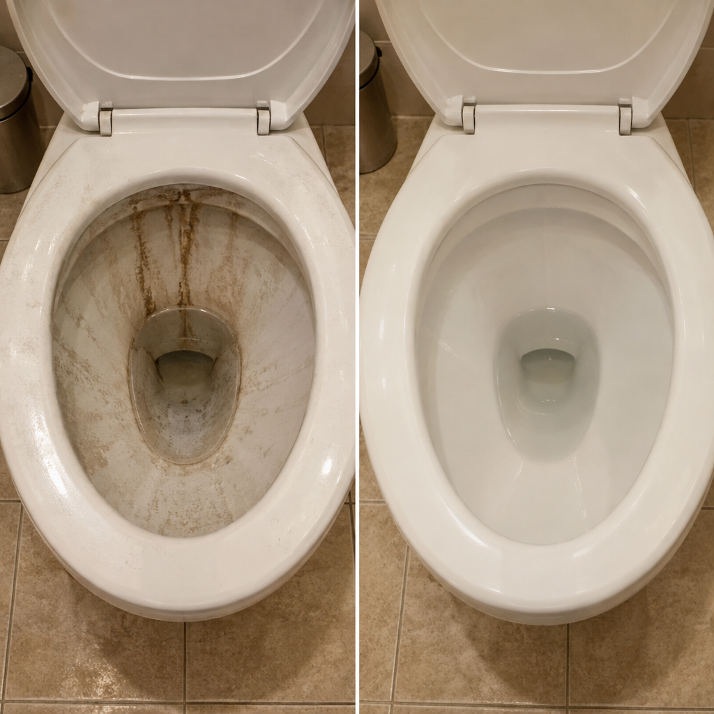 Before and after: dark streaks down a toilet bowl, then bright white