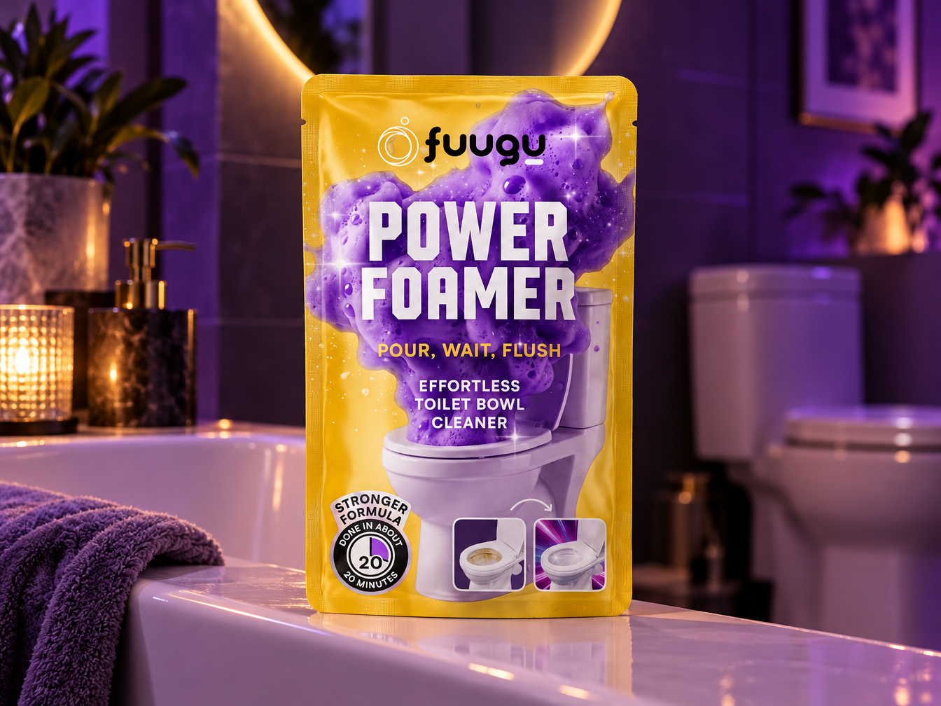Fuugu pouch on the edge of a bathtub in a violet-lit modern bathroom